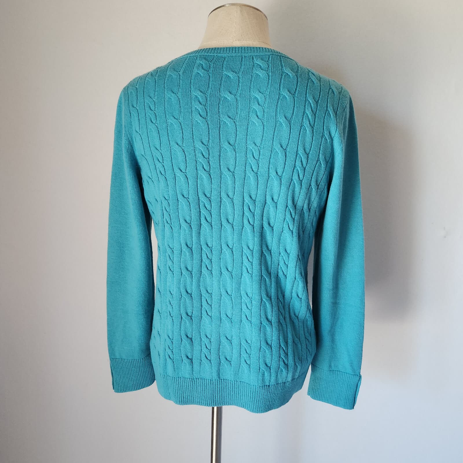 NWoT Talbots Lambswool Blend Button Cuff Cable Knit Sweater Crewneck Blue Sz.M/L - Thumbnail 6