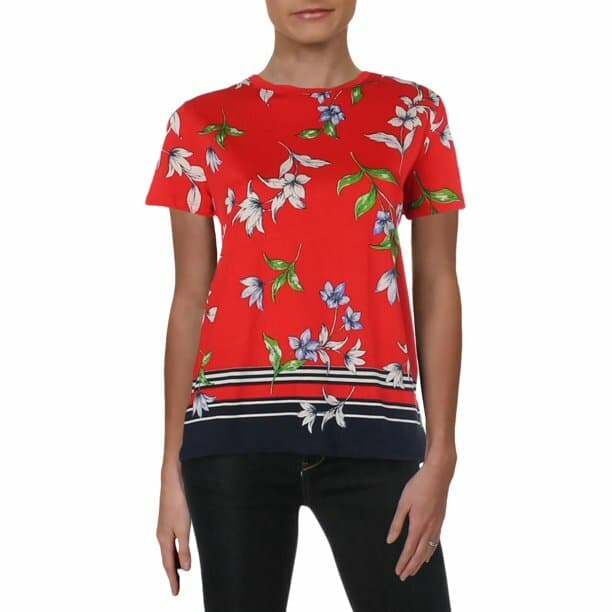 Lauren Ralph Lauren Marrim Floral Jersey Top Short Sleeve Crew Neck Red Women S - Thumbnail 4