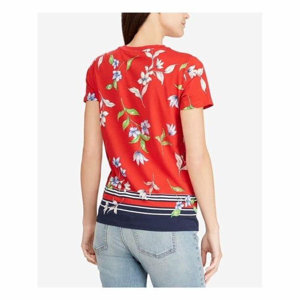 Lauren Ralph Lauren Marrim Floral Jersey Top Short Sleeve Crew Neck Red Women S - Thumbnail 6