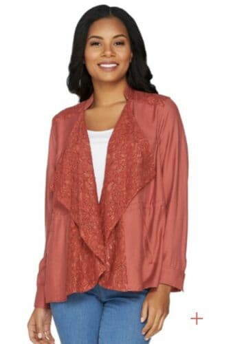 Logo Lori Goldstein Open Front Draped Jacket Pocket Lace-Knit Panels Red Women 4 - Thumbnail 3