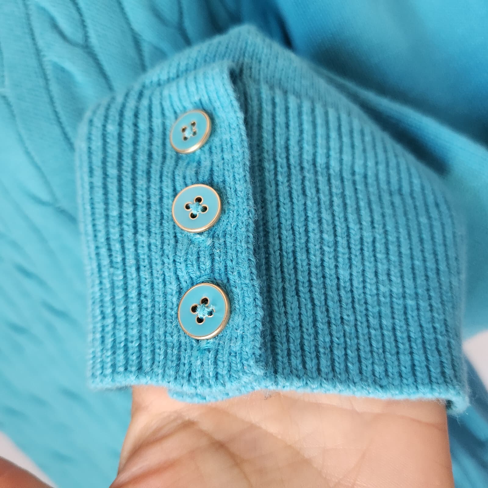 NWoT Talbots Lambswool Blend Button Cuff Cable Knit Sweater Crewneck Blue Sz.M/L - Thumbnail 5