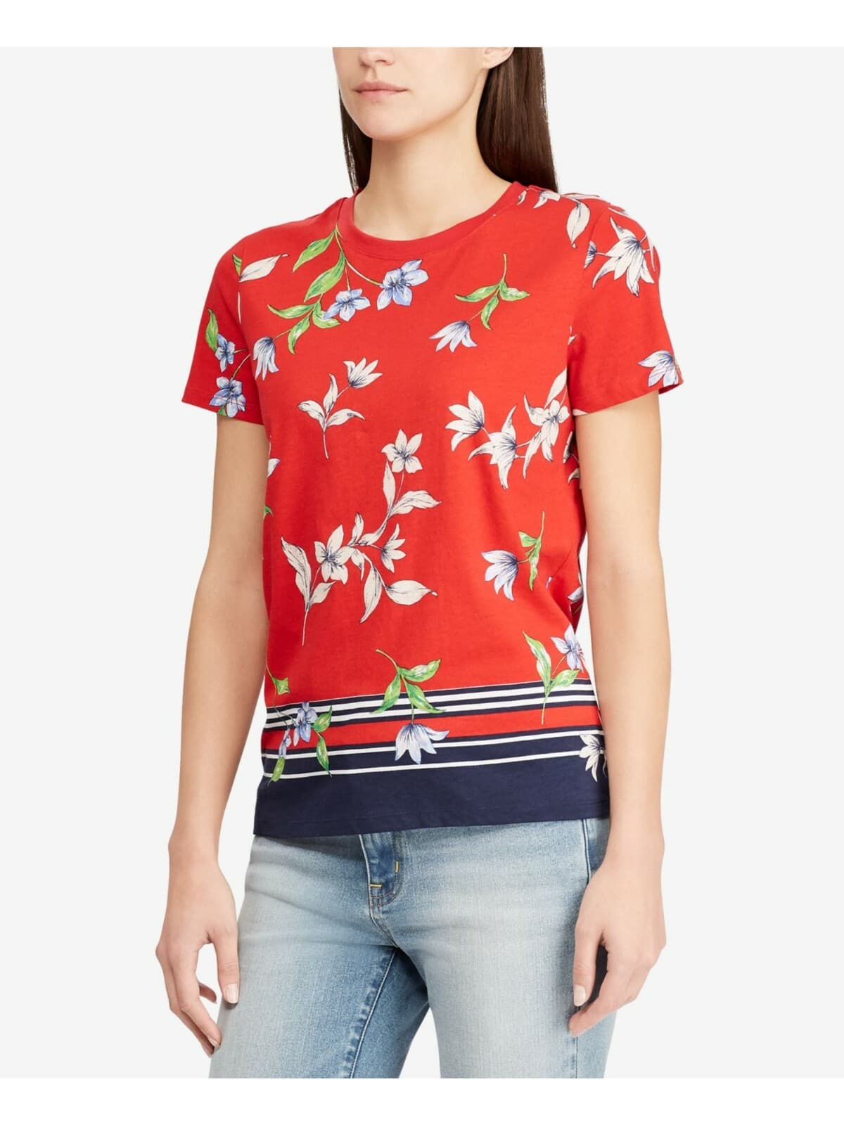 Lauren Ralph Lauren Marrim Floral Jersey Top Short Sleeve Crew Neck Red Women S - Thumbnail 2
