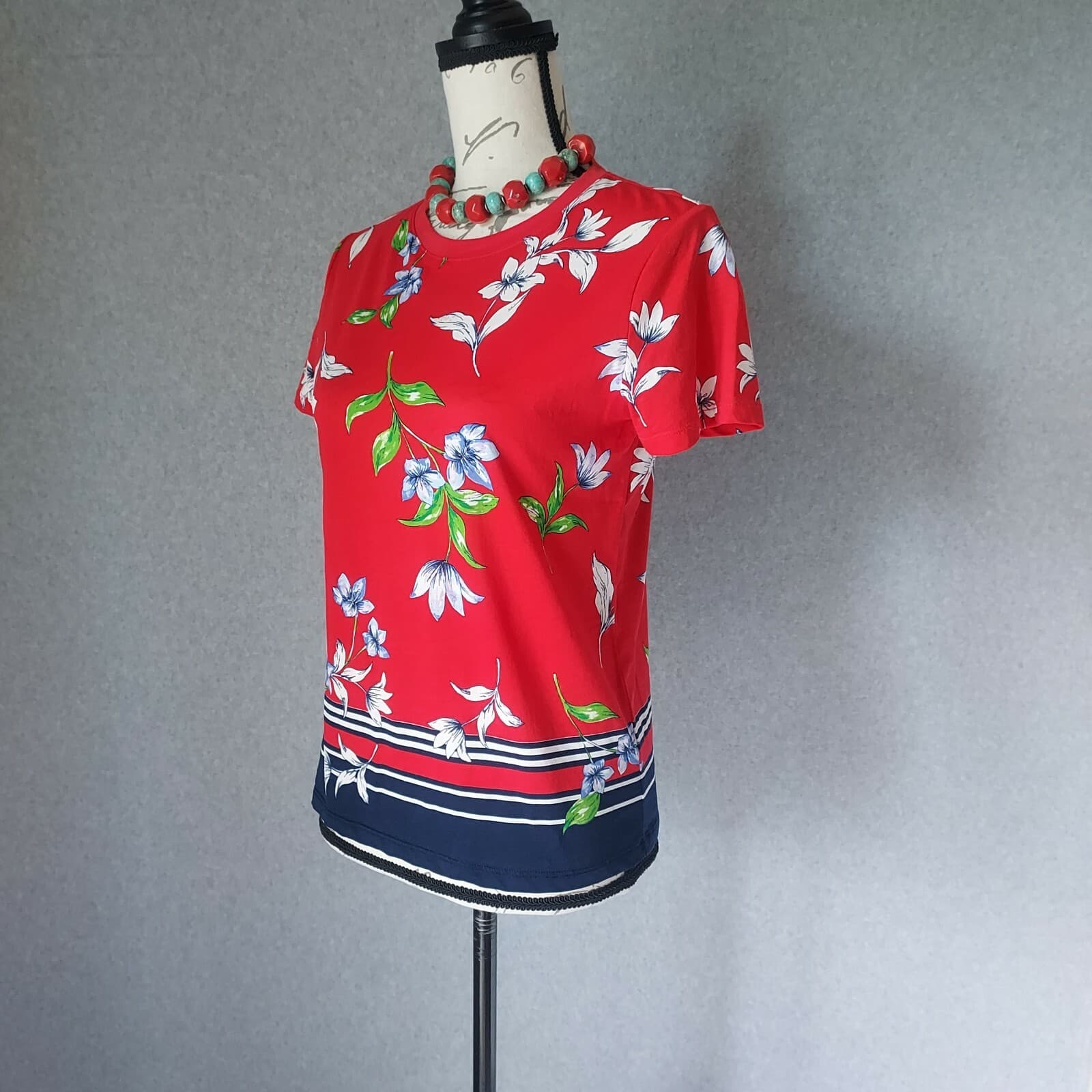 Lauren Ralph Lauren Marrim Floral Jersey Top Short Sleeve Crew Neck Red Women S - Thumbnail 5