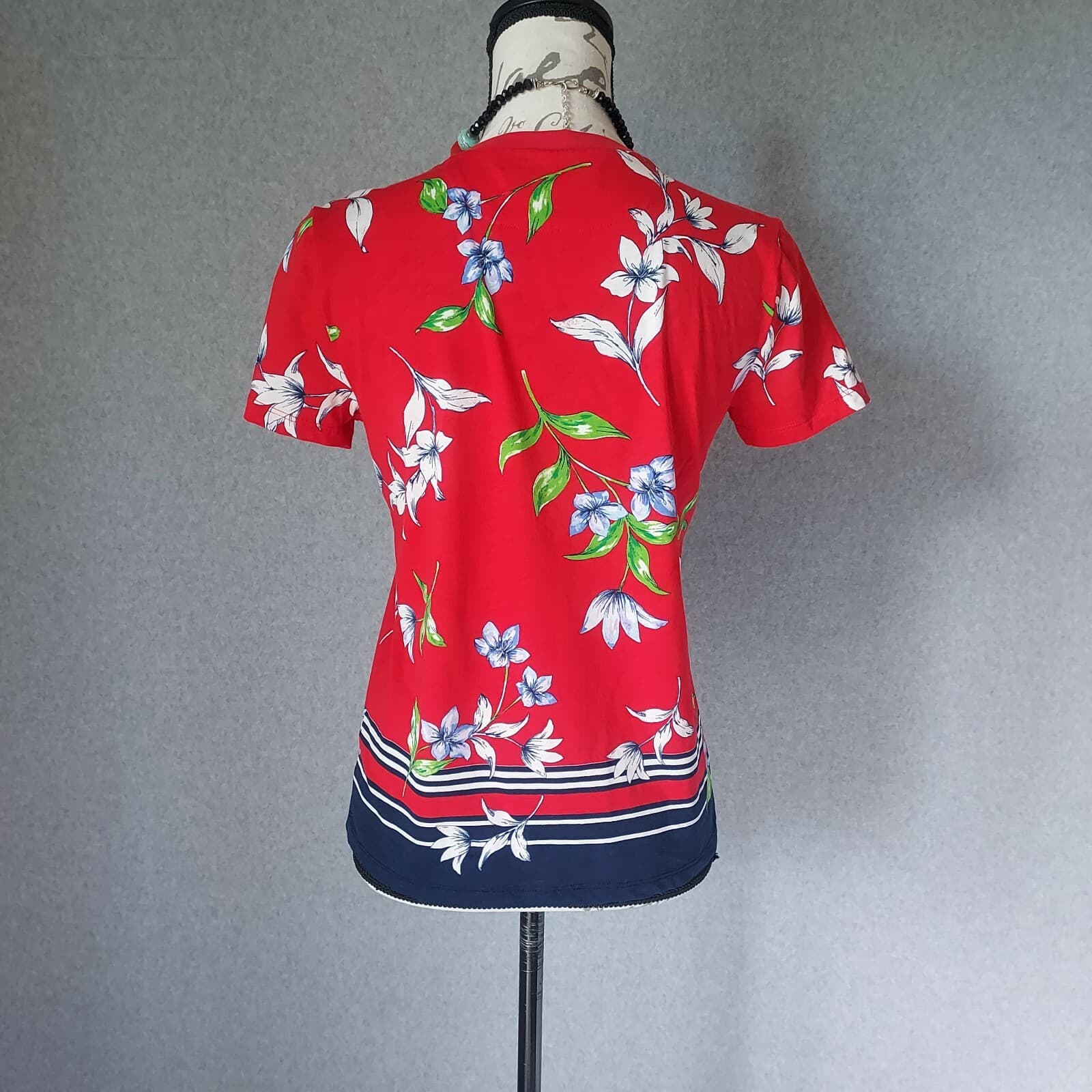 Lauren Ralph Lauren Marrim Floral Jersey Top Short Sleeve Crew Neck Red Women S - Thumbnail 7