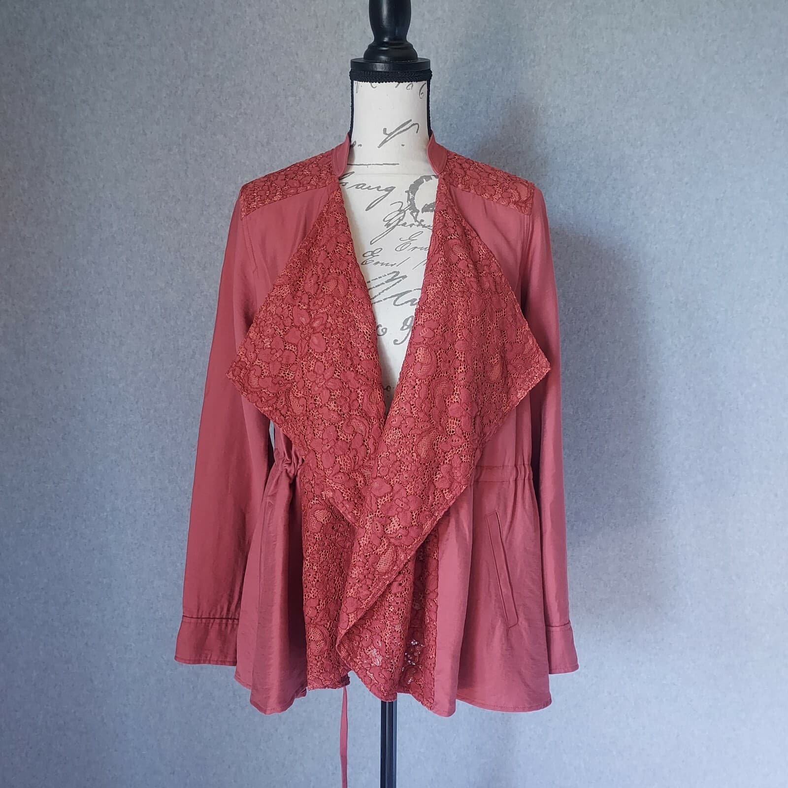 Logo Lori Goldstein Open Front Draped Jacket Pocket Lace-Knit Panels Red Women 4
