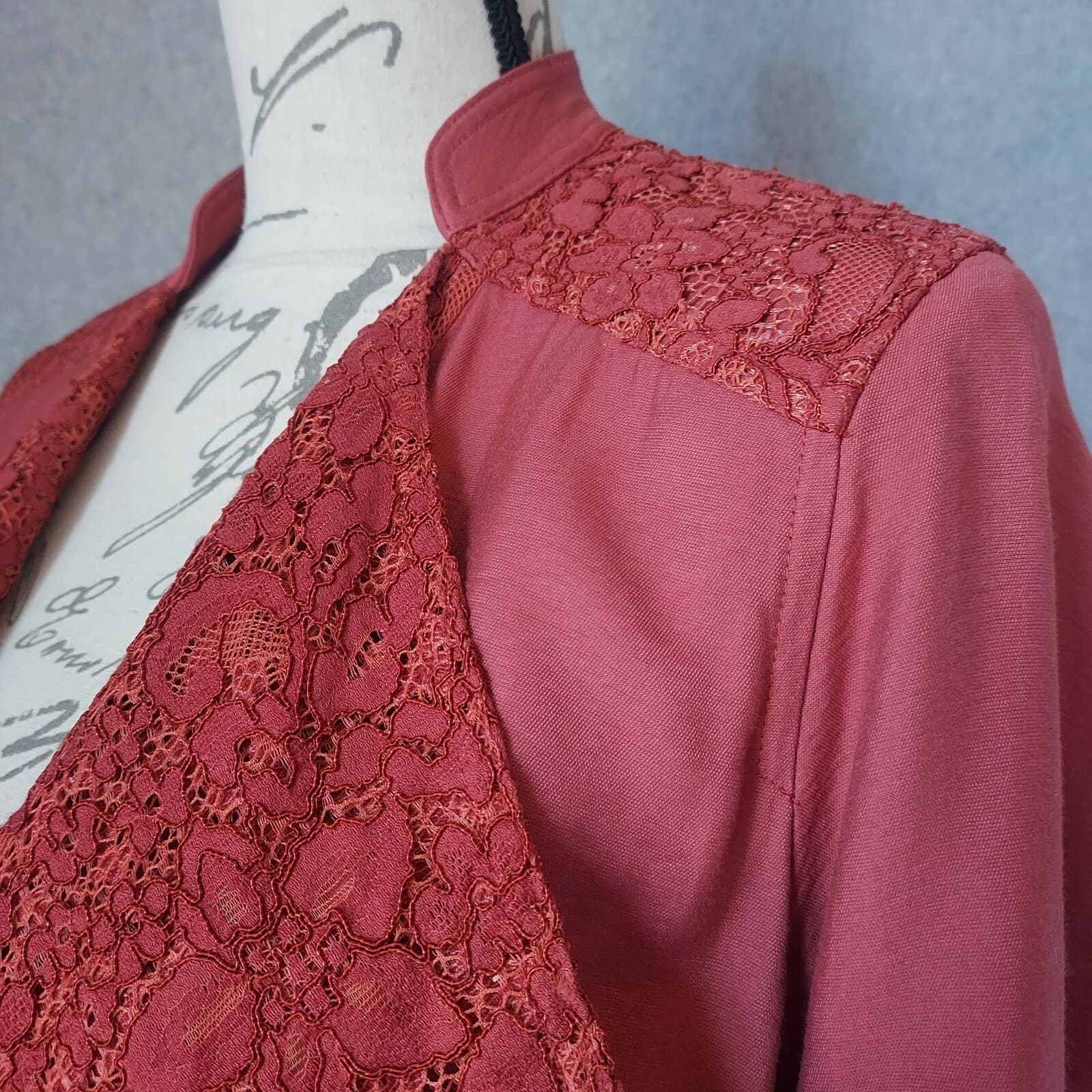 Logo Lori Goldstein Open Front Draped Jacket Pocket Lace-Knit Panels Red Women 4 - Thumbnail 2