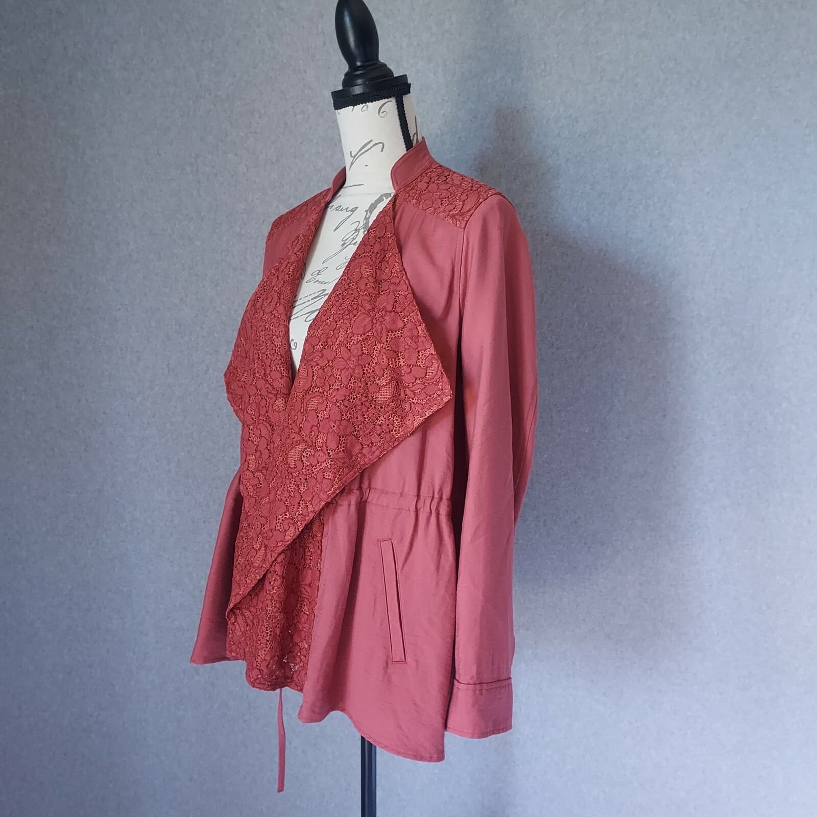 Logo Lori Goldstein Open Front Draped Jacket Pocket Lace-Knit Panels Red Women 4 - Thumbnail 4