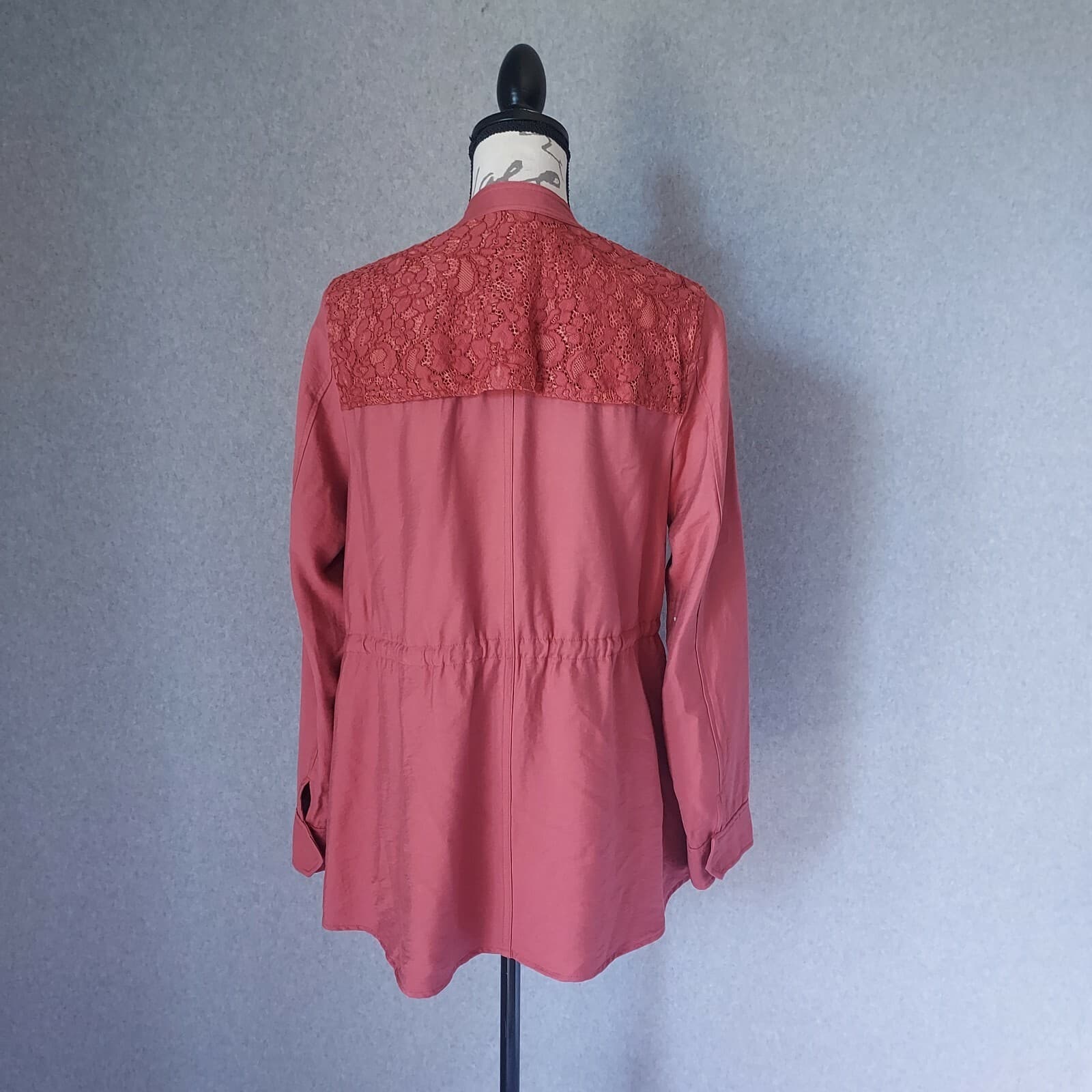 Logo Lori Goldstein Open Front Draped Jacket Pocket Lace-Knit Panels Red Women 4 - Thumbnail 6