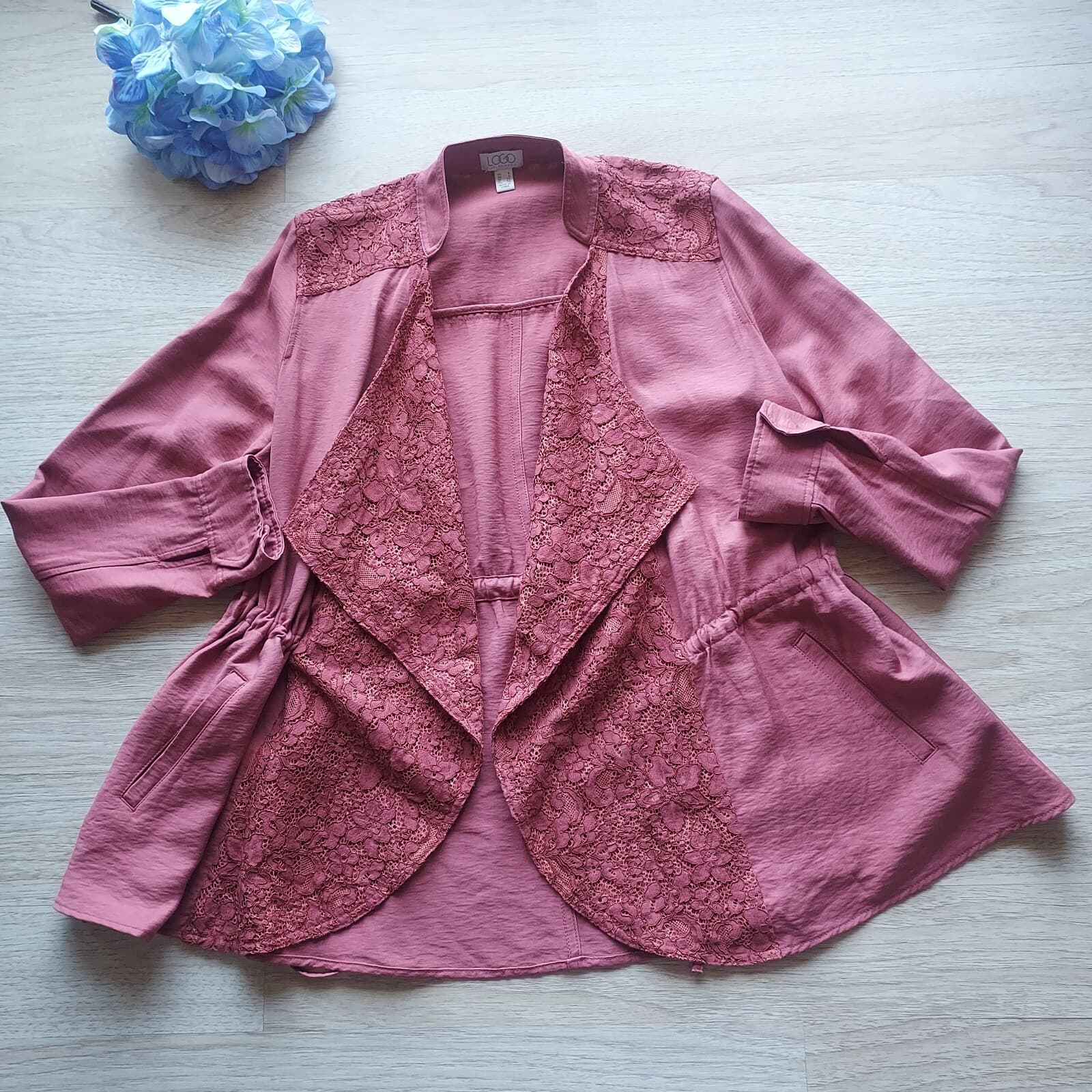 Logo Lori Goldstein Open Front Draped Jacket Pocket Lace-Knit Panels Red Women 4 - Thumbnail 7