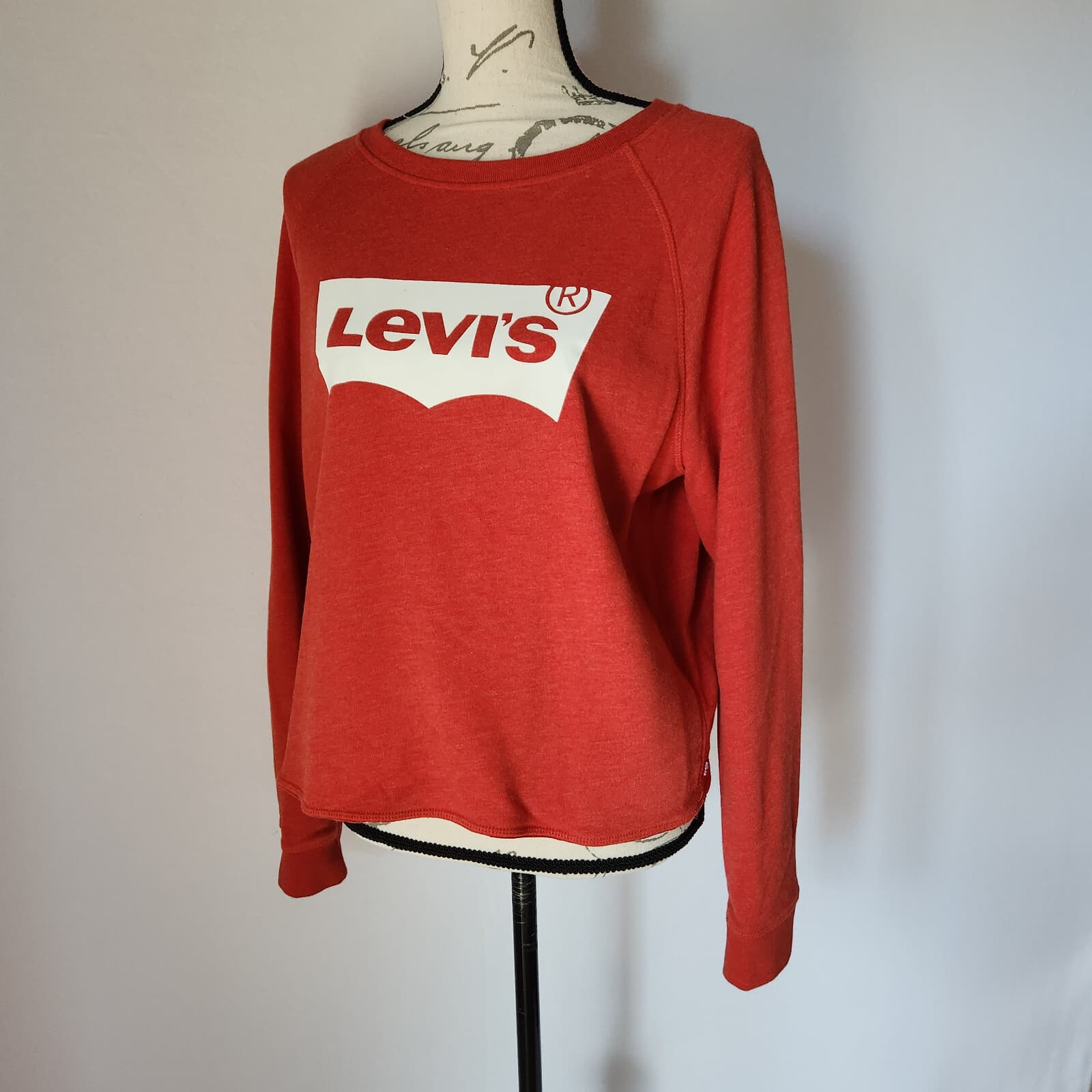 Levi's Logo Print Comfy Terry Knit Sweatshirt Long Sleeve Crew Neck Red Women L - Thumbnail 2