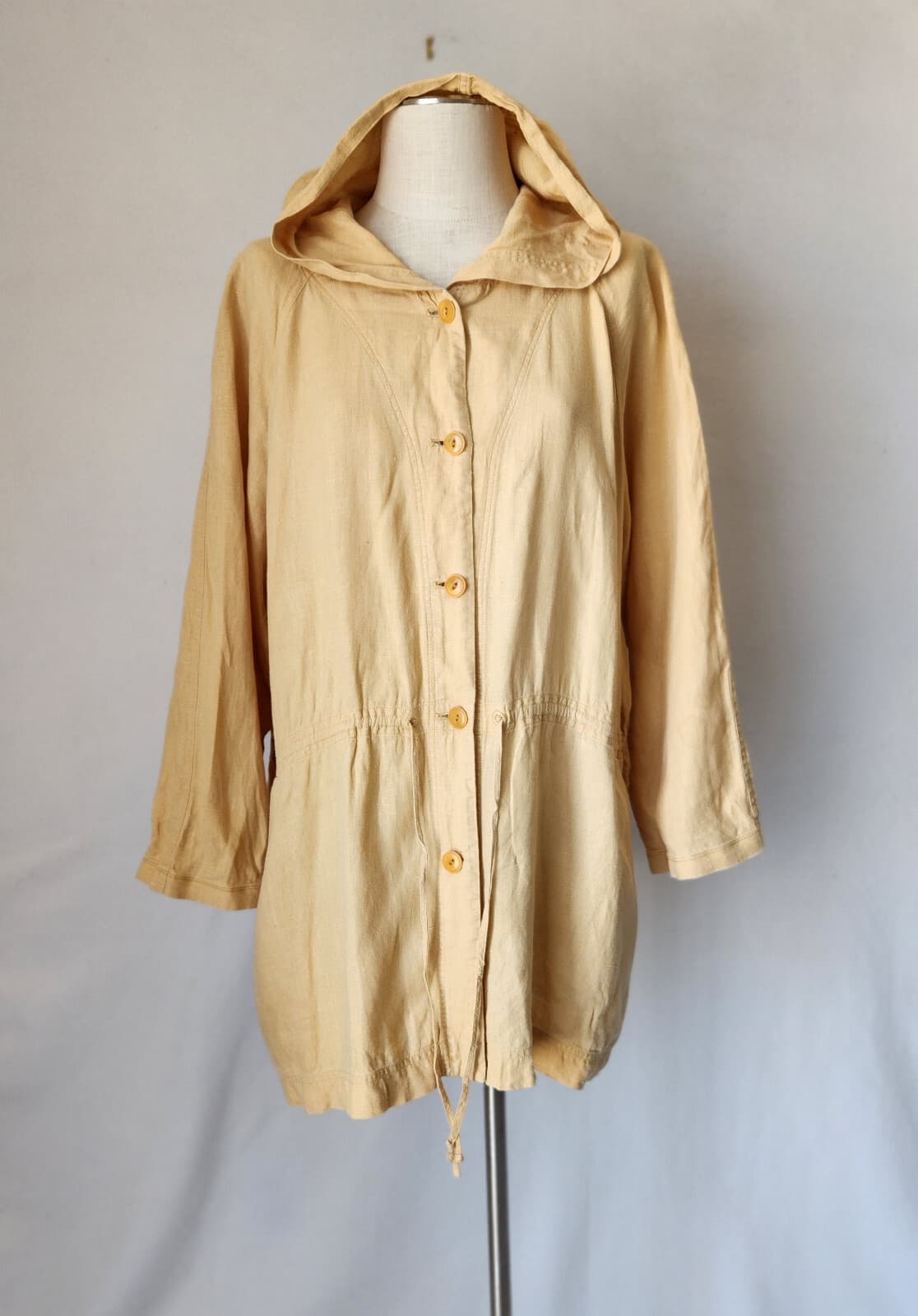 Vintage AKA Eddie Bauer Linen Hooded Jacket Button Pocket Tie-Waist Yellow Sz.XL - Thumbnail 2