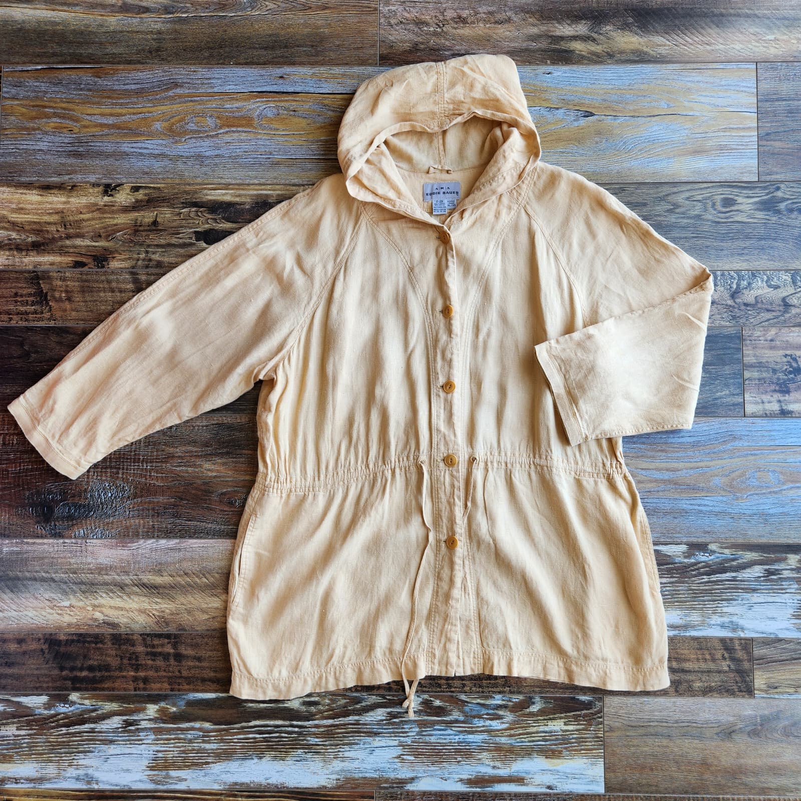 Vintage AKA Eddie Bauer Linen Hooded Jacket Button Pocket Tie-Waist Yellow Sz.XL - Thumbnail 4