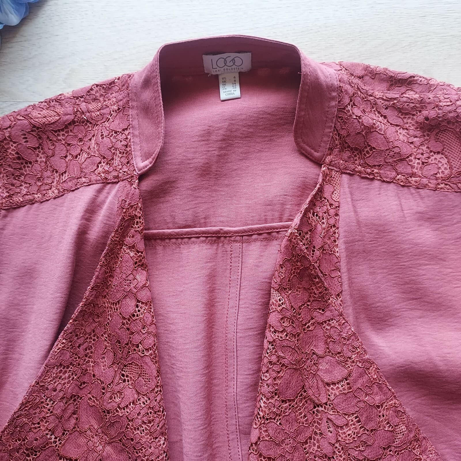 Logo Lori Goldstein Open Front Draped Jacket Pocket Lace-Knit Panels Red Women 4 - Thumbnail 9