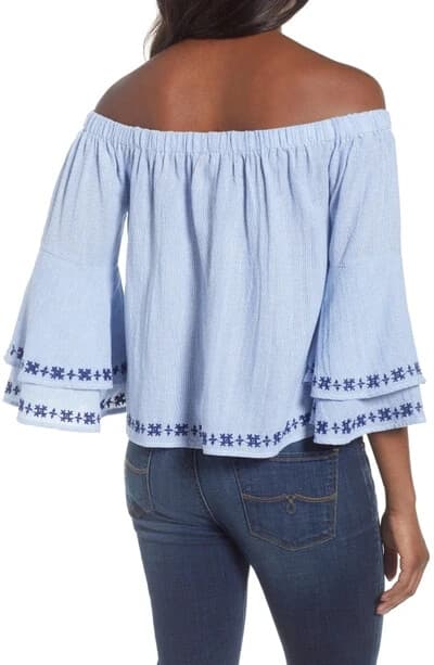 Lucky Brand Pinstriped Embroidered Off Shoulder Top Ruffle Cotton Blue Women's L - Thumbnail 3