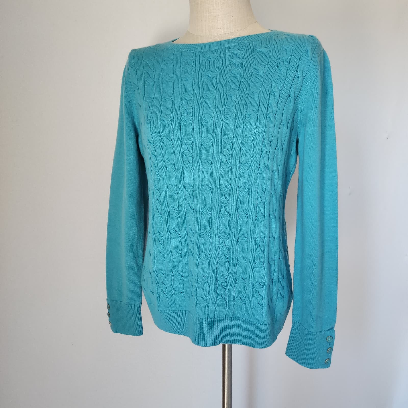 NWoT Talbots Lambswool Blend Button Cuff Cable Knit Sweater Crewneck Blue Sz.M/L - Thumbnail 2