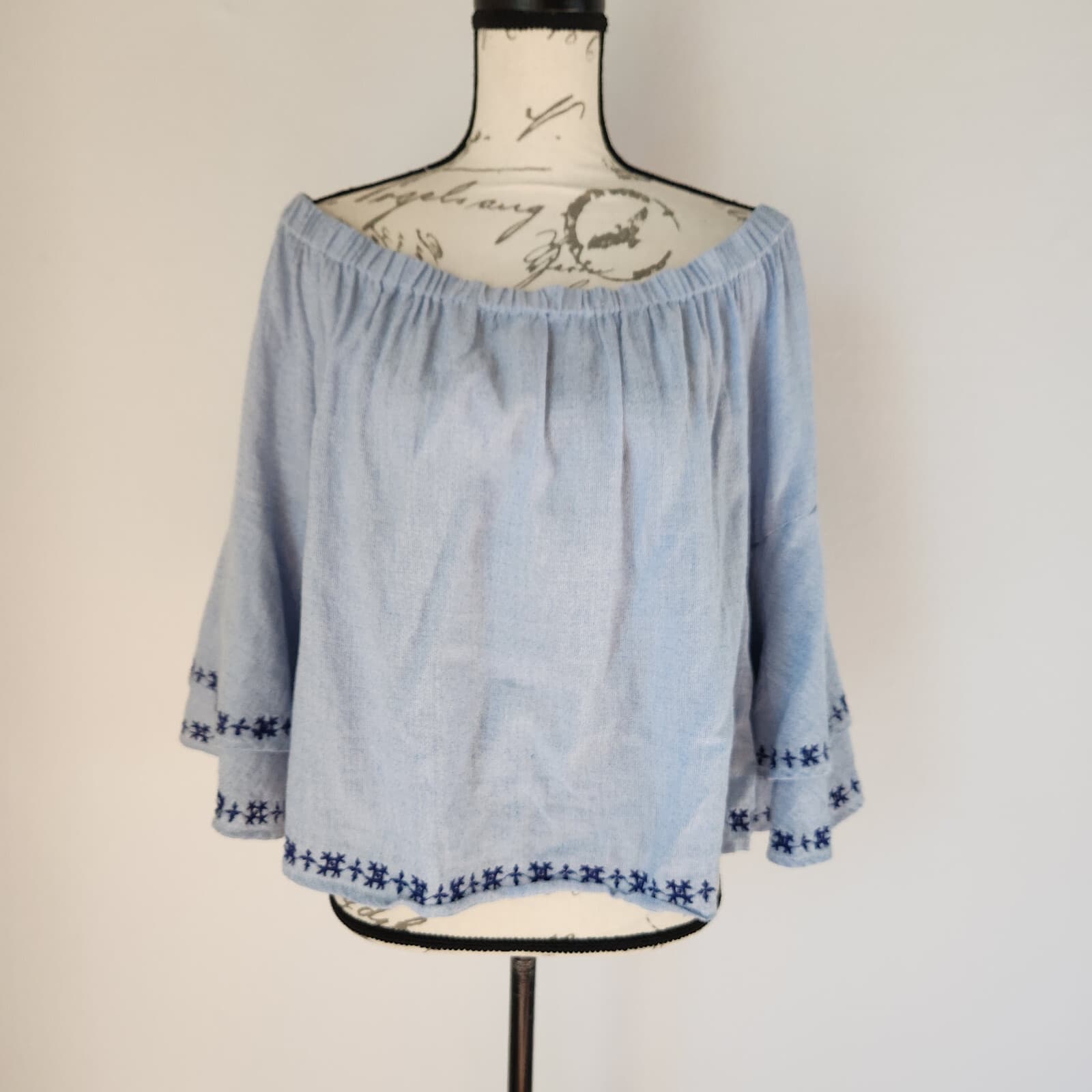 Lucky Brand Pinstriped Embroidered Off Shoulder Top Ruffle Cotton Blue Women's L - Thumbnail 2