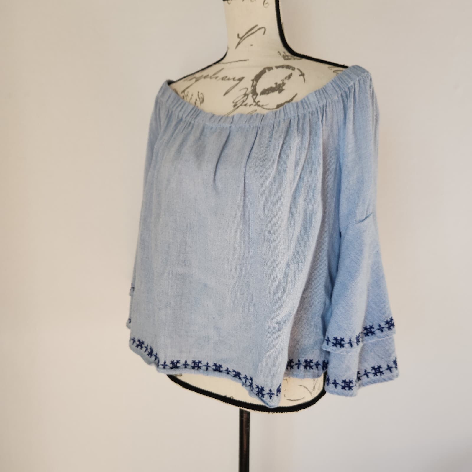 Lucky Brand Pinstriped Embroidered Off Shoulder Top Ruffle Cotton Blue Women's L - Thumbnail 4