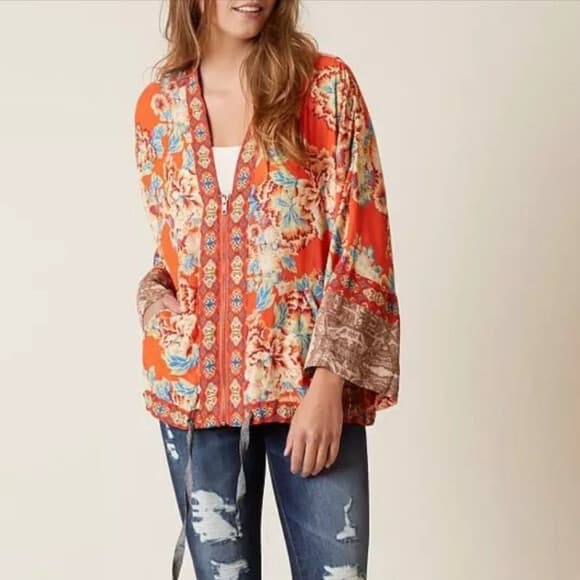 Free People Wildflower Kimono Zip-Up Jacket Pocket Cinch Tie Chiffon Orange Sz.M - Thumbnail 4