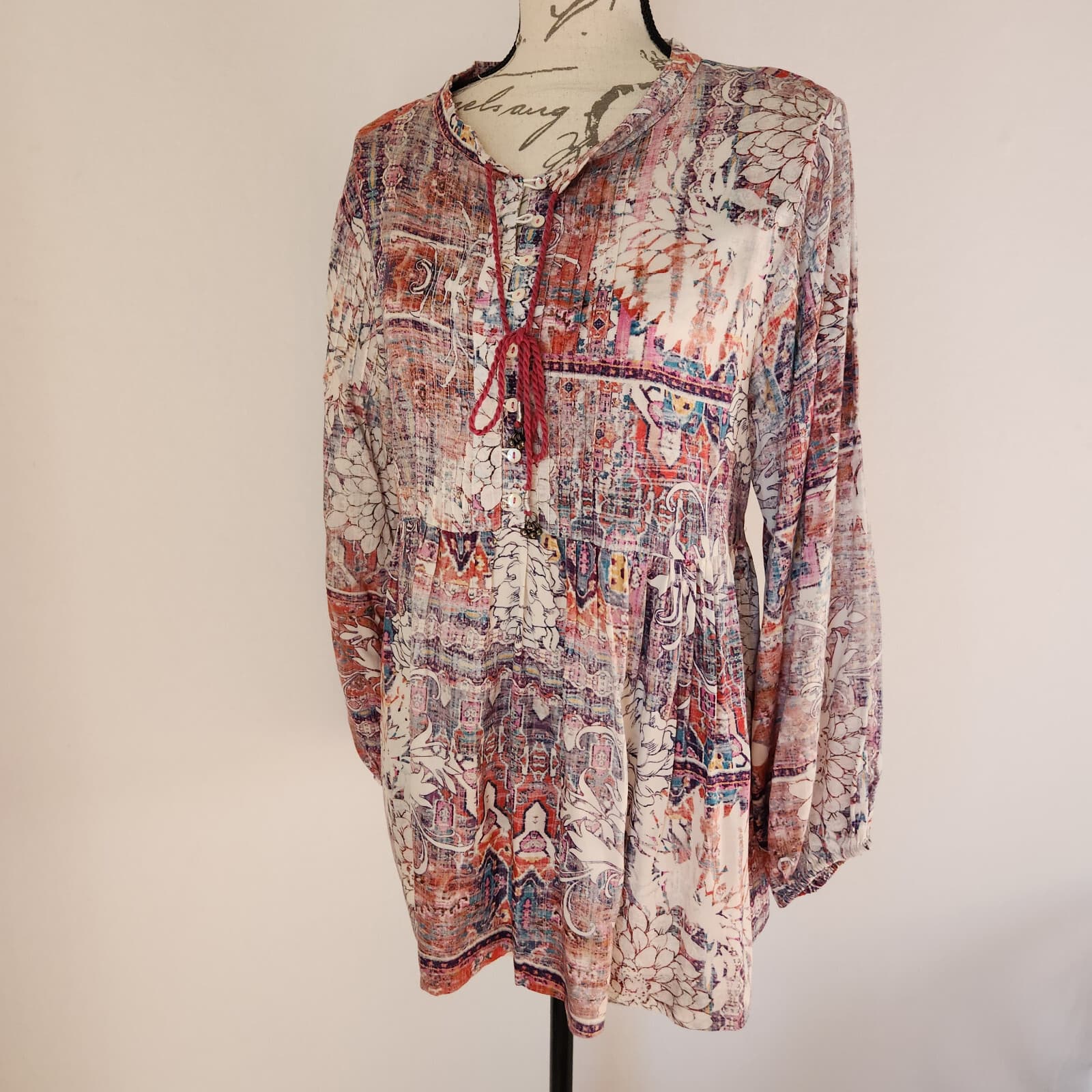 Kyla Seo Floral Peasant Tassel Boho Pintuck Top Long Sleeve Multicolor Women's M - Thumbnail 2