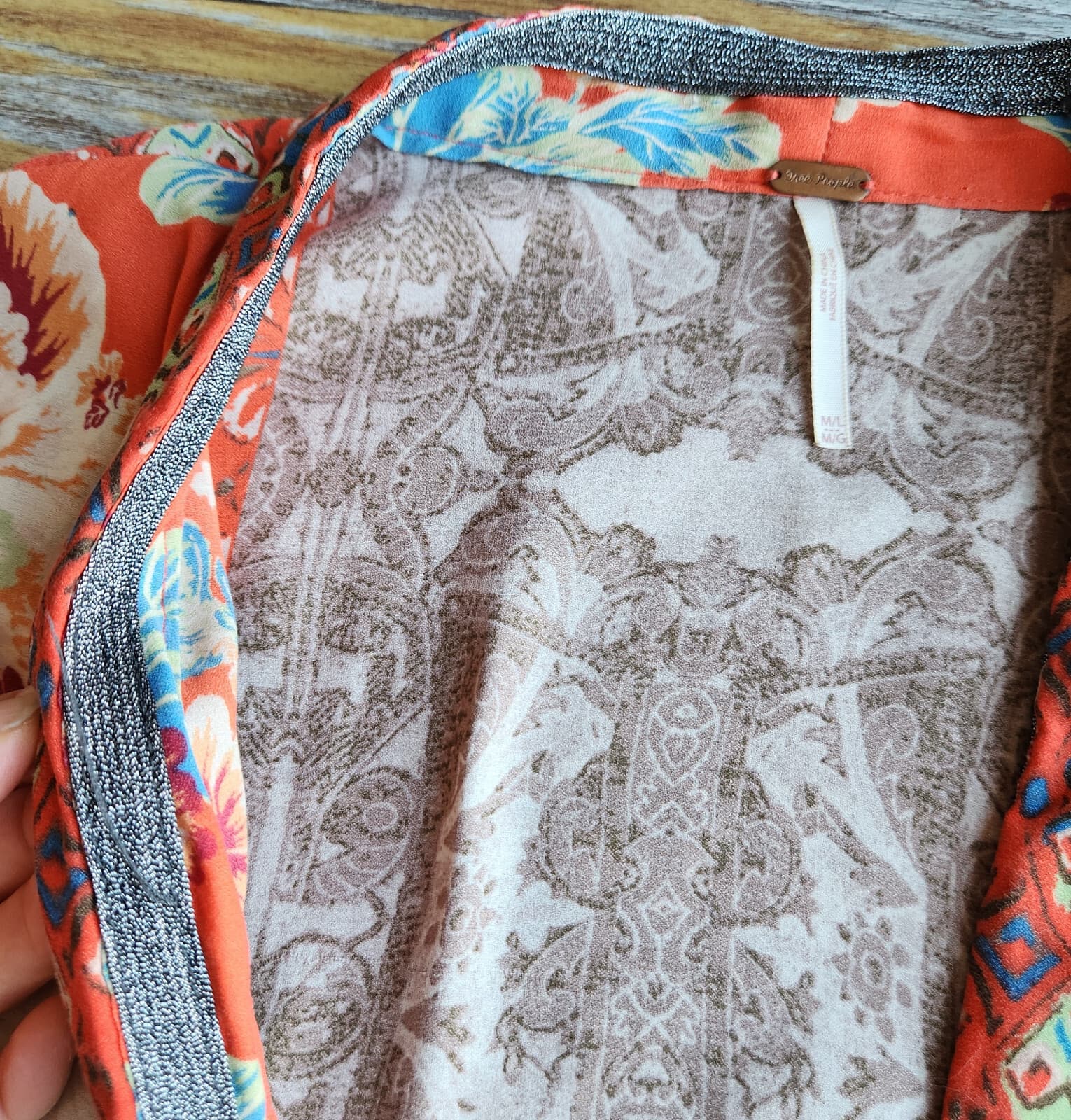 Free People Wildflower Kimono Zip-Up Jacket Pocket Cinch Tie Chiffon Orange Sz.M - Thumbnail 11