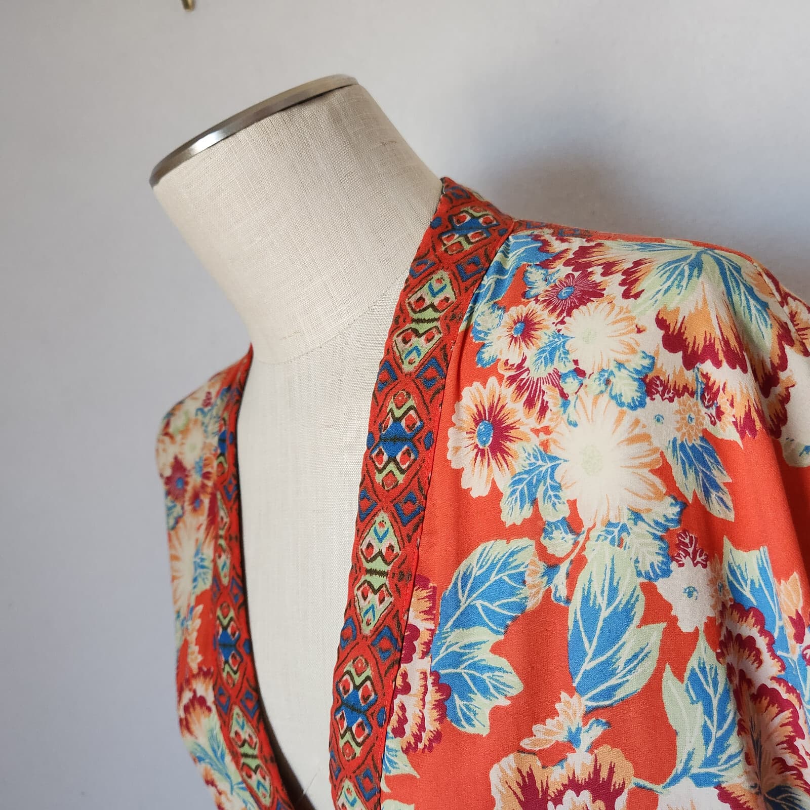 Free People Wildflower Kimono Zip-Up Jacket Pocket Cinch Tie Chiffon Orange Sz.M - Thumbnail 7