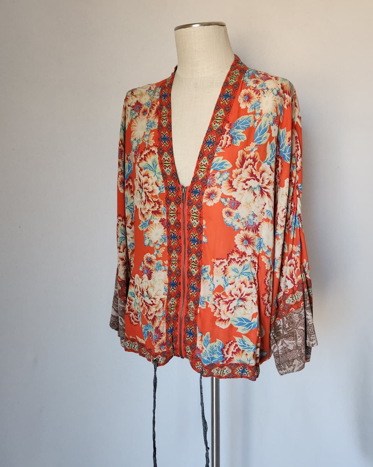 Free People Wildflower Kimono Zip-Up Jacket Pocket Cinch Tie Chiffon Orange Sz.M - Thumbnail 3