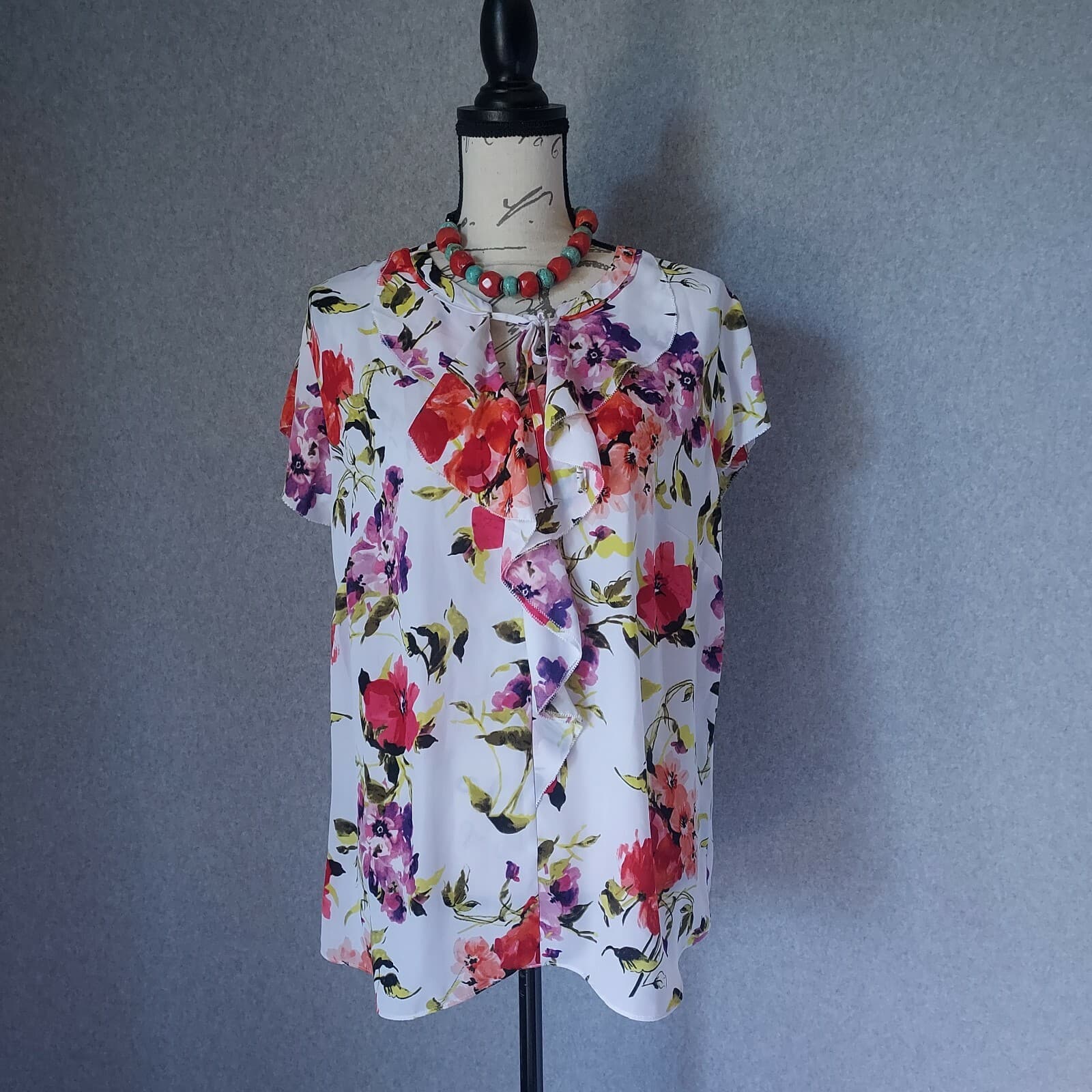 Liz Claiborne Career Floral Ruffle Top Shot Sleeve Tie-Neck Multicolor Women L