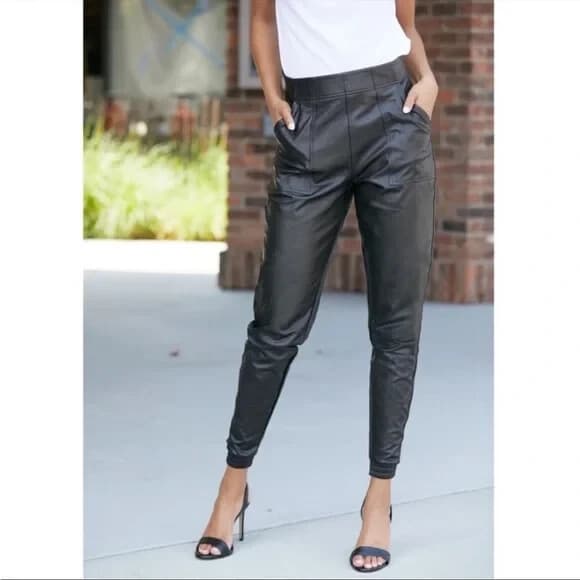SPANX Faux Leather Jogger Pants Pull-On Elastic Waist Pocket Black Women's XL - Thumbnail 3