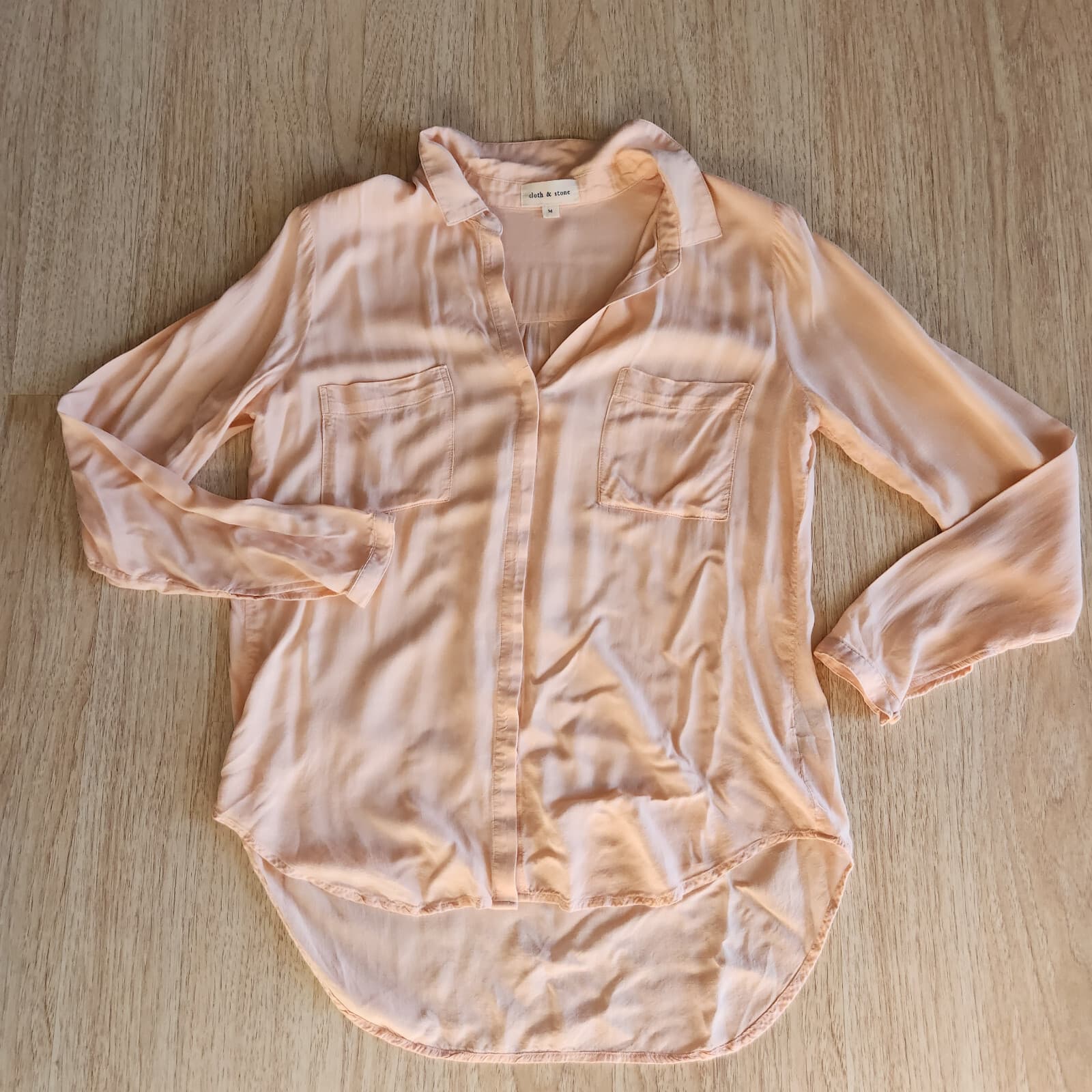 Cloth & Stone Button-Up Tunic Shirt Pocket Long Sleeve Rayon Peach-Orange Sz.M - Thumbnail 5