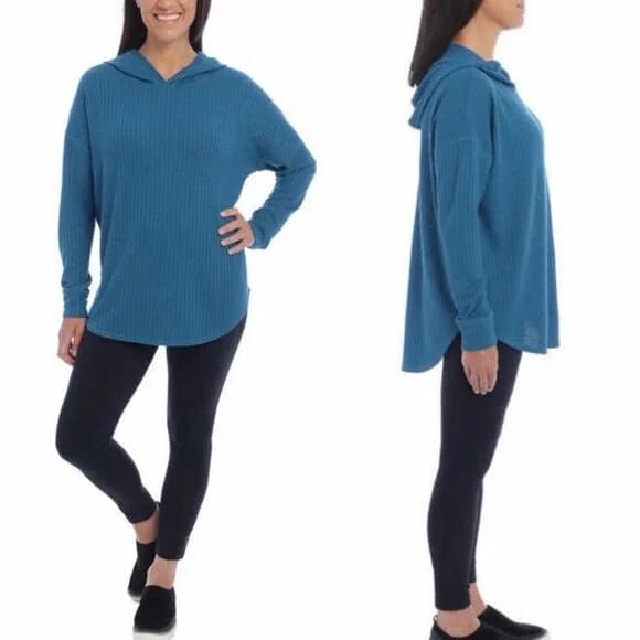 Chaser Waffle Knit Thermal Hoodie Tunic Top Long Sleeve Green Women Sz.XL - Thumbnail 4