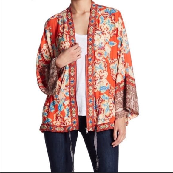 Free People Wildflower Kimono Zip-Up Jacket Pocket Cinch Tie Chiffon Orange Sz.M - Thumbnail 2