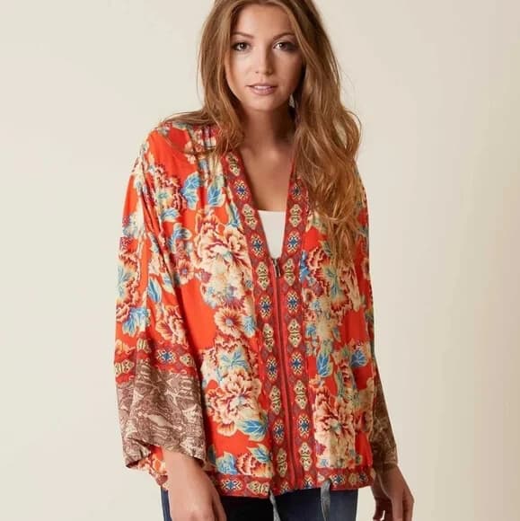 Free People Wildflower Kimono Zip-Up Jacket Pocket Cinch Tie Chiffon Orange Sz.M - Thumbnail 5