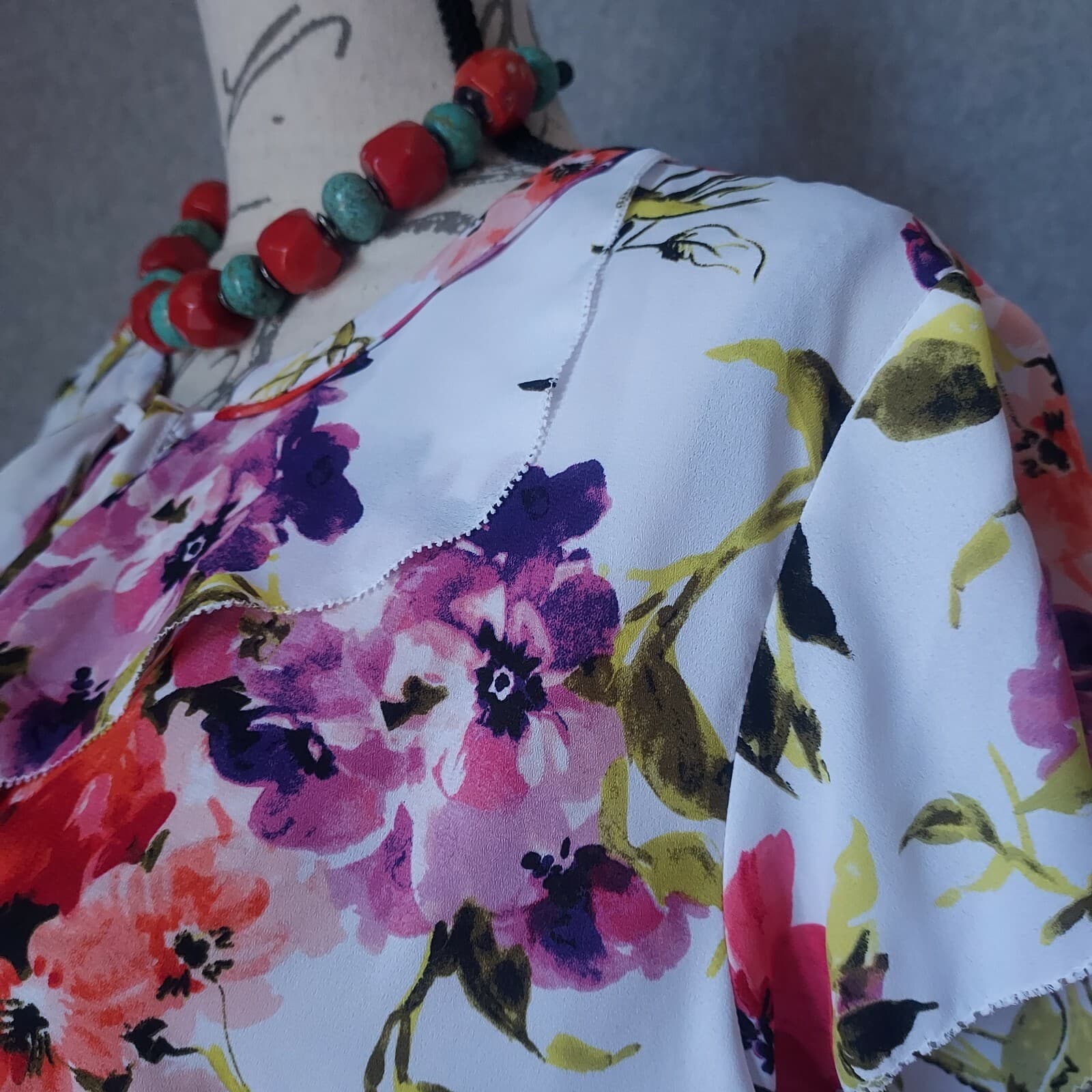 Liz Claiborne Career Floral Ruffle Top Shot Sleeve Tie-Neck Multicolor Women L - Thumbnail 2