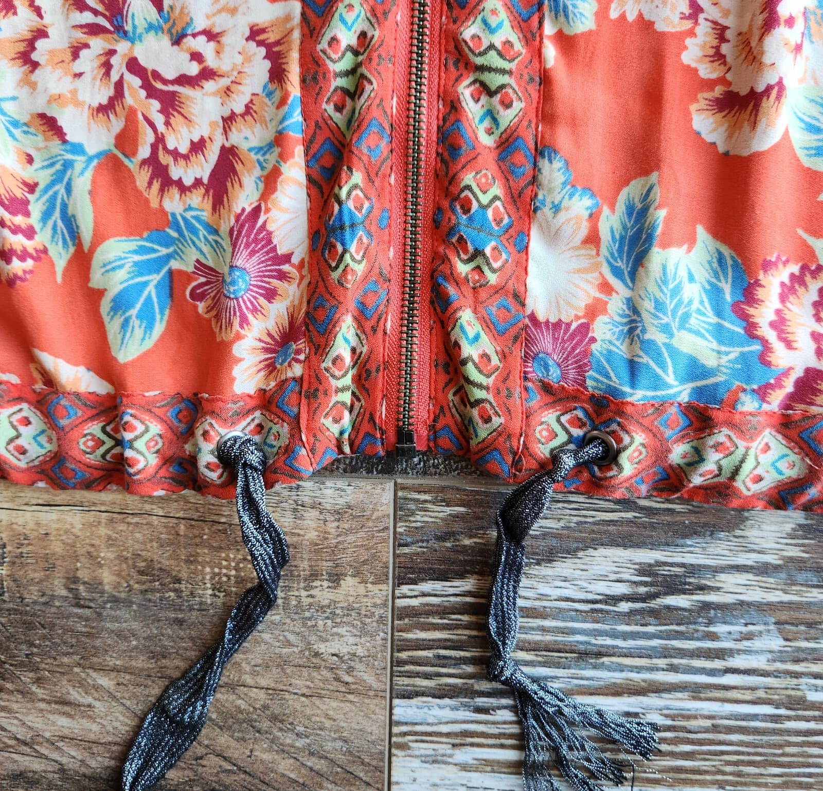 Free People Wildflower Kimono Zip-Up Jacket Pocket Cinch Tie Chiffon Orange Sz.M - Thumbnail 10