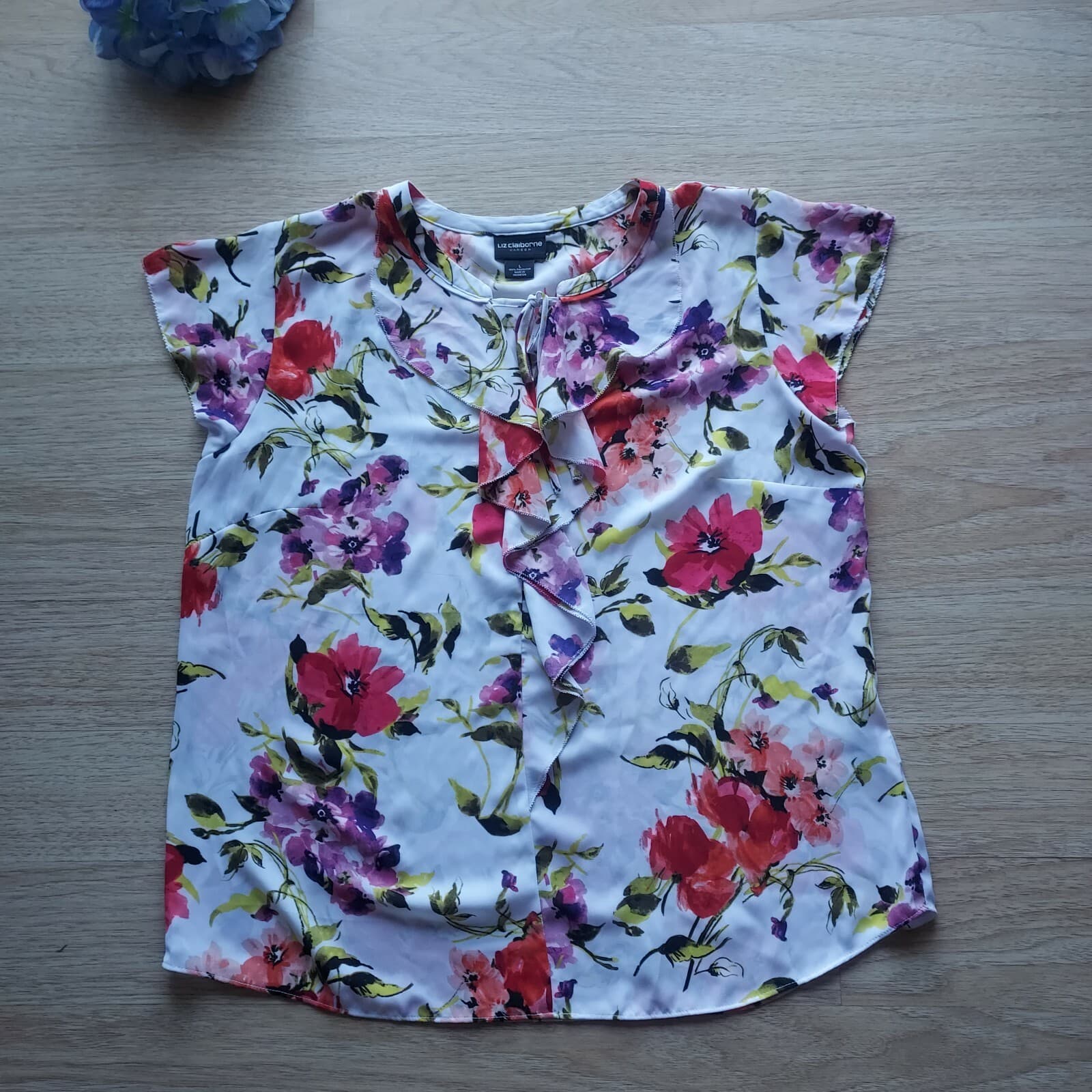 Liz Claiborne Career Floral Ruffle Top Shot Sleeve Tie-Neck Multicolor Women L - Thumbnail 5