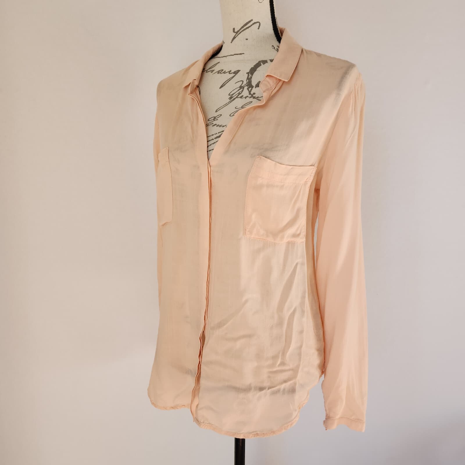 Cloth & Stone Button-Up Tunic Shirt Pocket Long Sleeve Rayon Peach-Orange Sz.M - Thumbnail 2