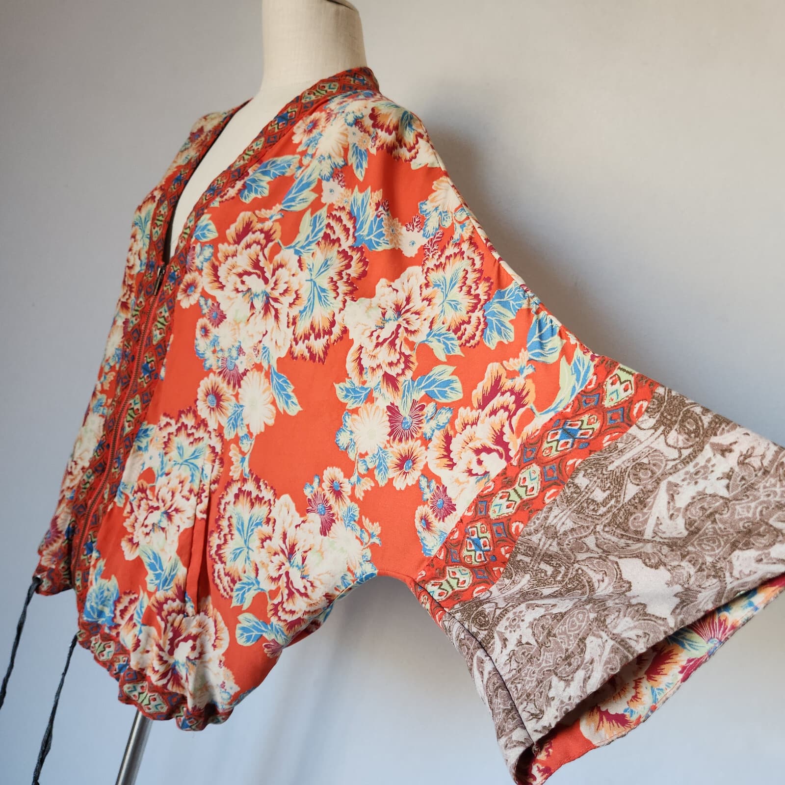 Free People Wildflower Kimono Zip-Up Jacket Pocket Cinch Tie Chiffon Orange Sz.M - Thumbnail 6