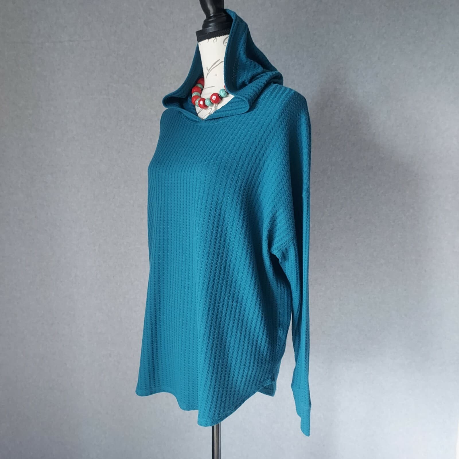 Chaser Waffle Knit Thermal Hoodie Tunic Top Long Sleeve Green Women Sz.XL - Thumbnail 3