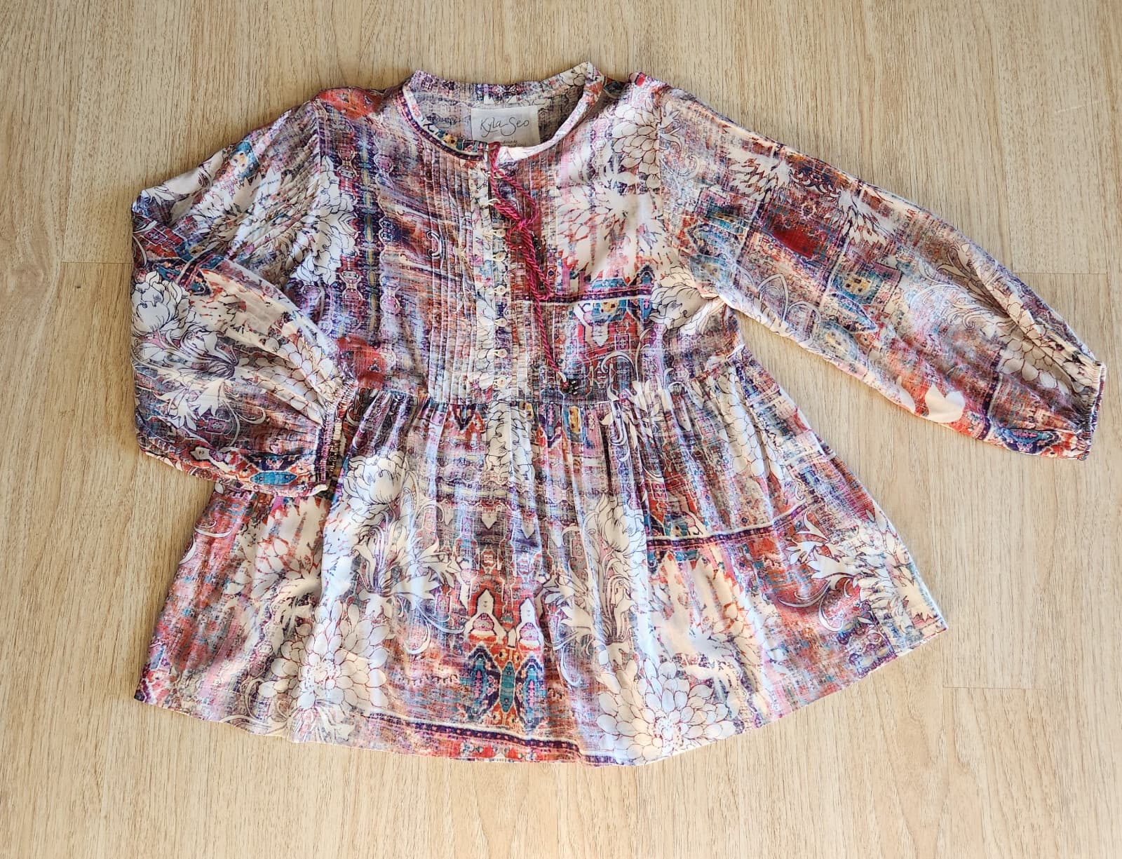 Kyla Seo Floral Peasant Tassel Boho Pintuck Top Long Sleeve Multicolor Women's M - Thumbnail 6