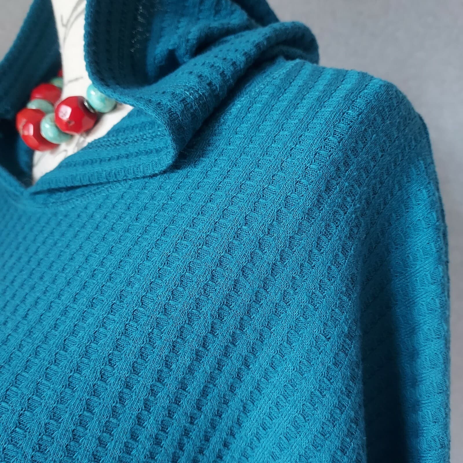 Chaser Waffle Knit Thermal Hoodie Tunic Top Long Sleeve Green Women Sz.XL - Thumbnail 2
