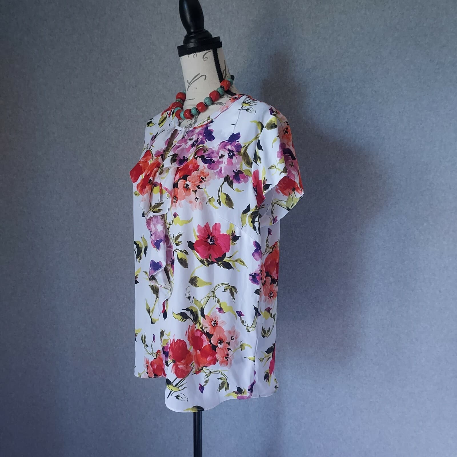 Liz Claiborne Career Floral Ruffle Top Shot Sleeve Tie-Neck Multicolor Women L - Thumbnail 3