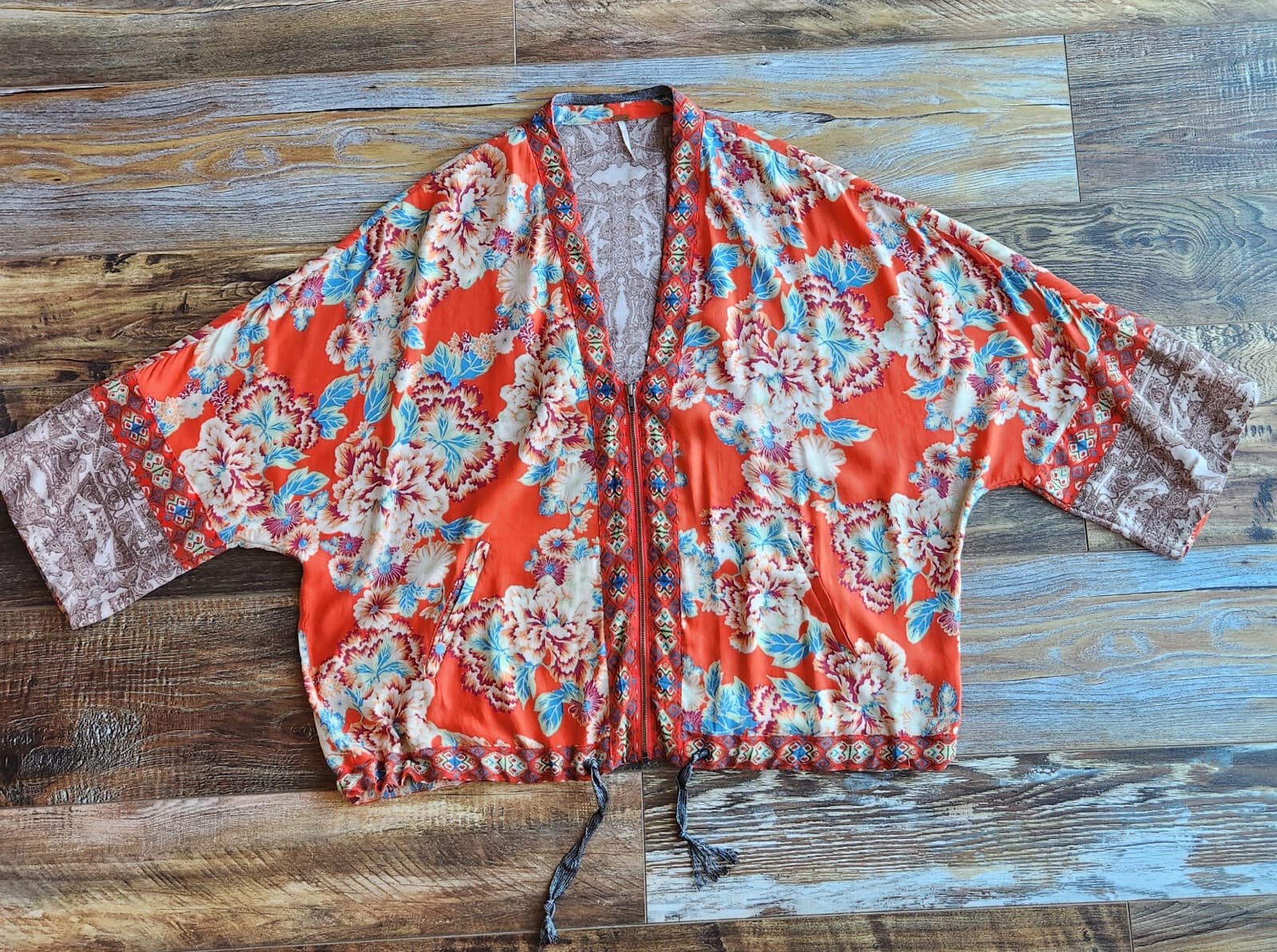 Free People Wildflower Kimono Zip-Up Jacket Pocket Cinch Tie Chiffon Orange Sz.M - Thumbnail 9