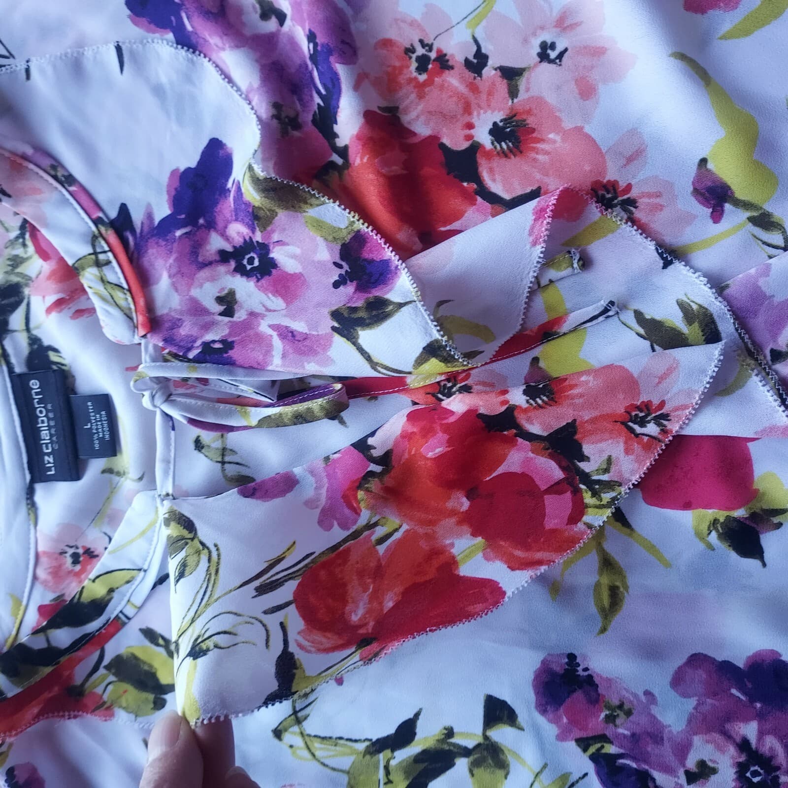 Liz Claiborne Career Floral Ruffle Top Shot Sleeve Tie-Neck Multicolor Women L - Thumbnail 6