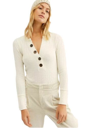 We The Free Oliver Henley Ribbed Knit Long Sleeve Top Sweater Ivory Women's S - Thumbnail 3