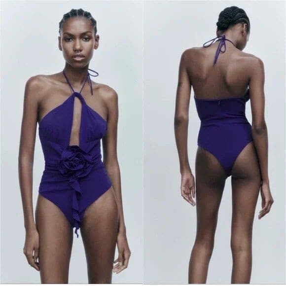NWT Zara Frill Floral Halter Bodysuit Zip Knit Blue Purple-ish Women's XL - Thumbnail 2