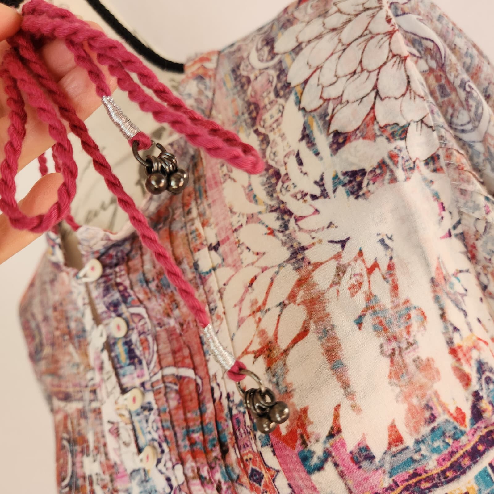 Kyla Seo Floral Peasant Tassel Boho Pintuck Top Long Sleeve Multicolor Women's M - Thumbnail 4
