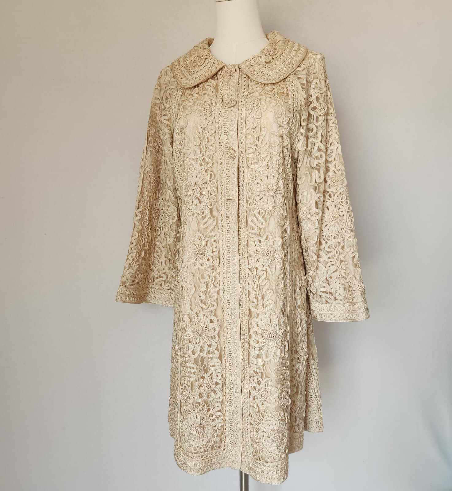 Sue Wong Nocturne Lace Ribbon Formal Elegant Long Jacket Coat Button Beige Sz.10 - Thumbnail 2