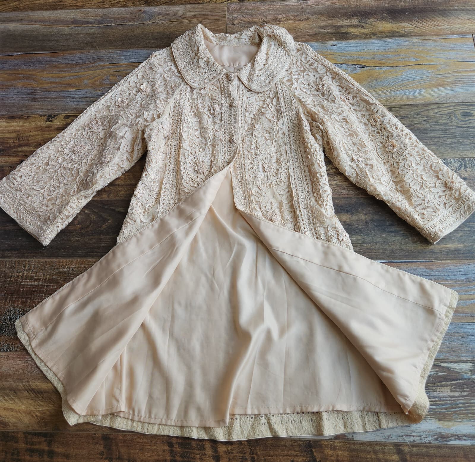 Sue Wong Nocturne Lace Ribbon Formal Elegant Long Jacket Coat Button Beige Sz.10 - Thumbnail 8