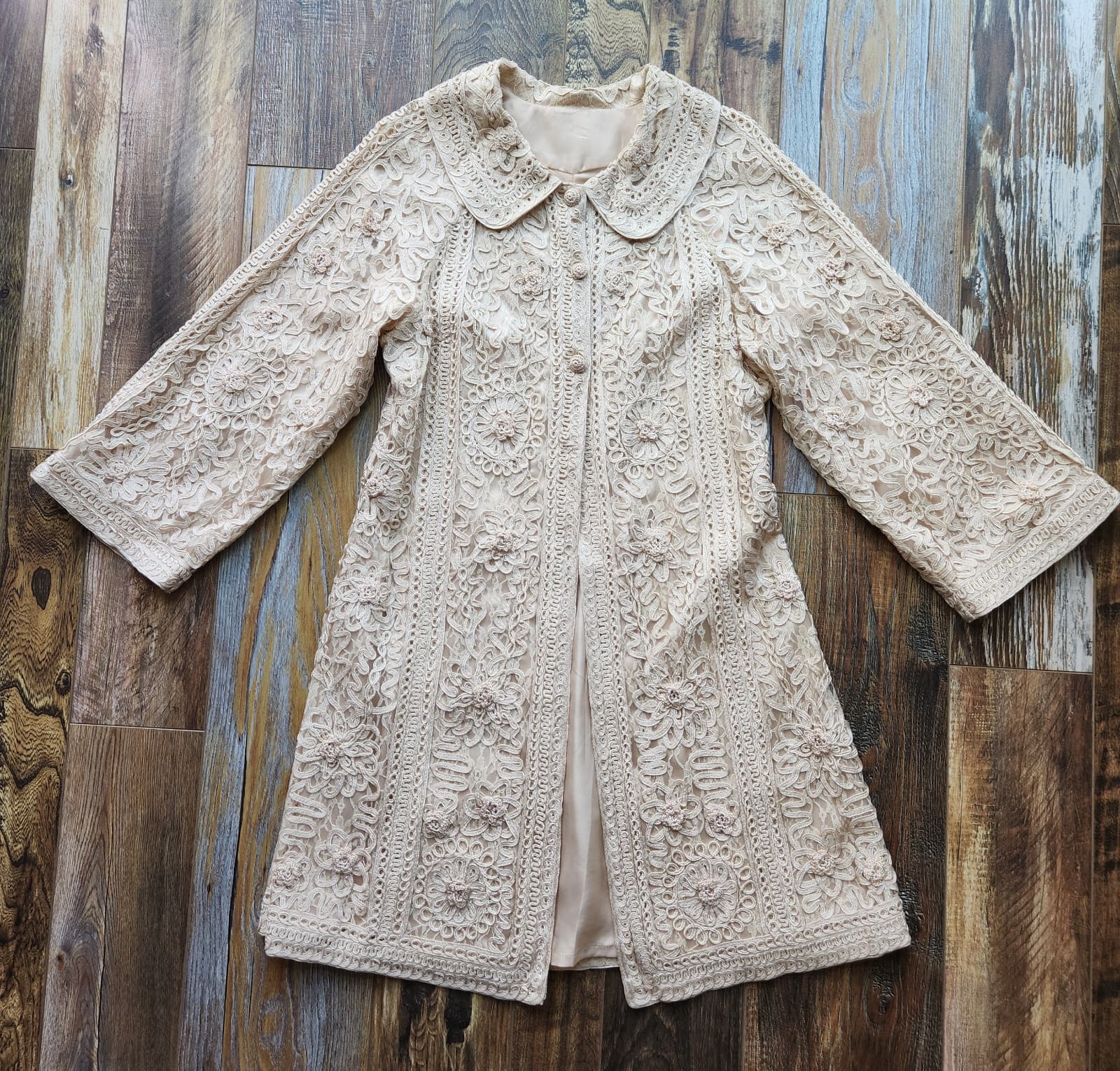 Sue Wong Nocturne Lace Ribbon Formal Elegant Long Jacket Coat Button Beige Sz.10 - Thumbnail 7