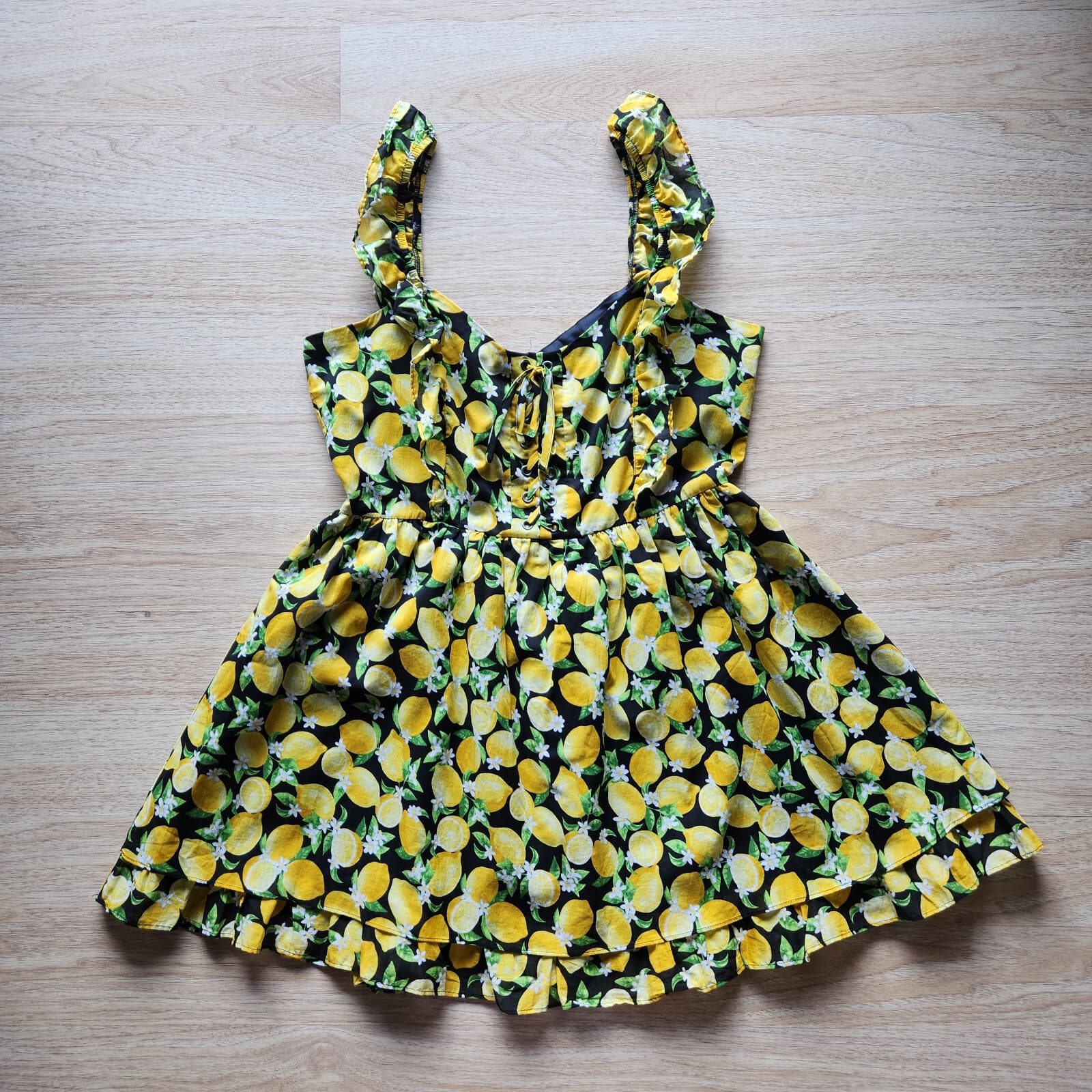 Betsey Johnson $119 Layla Lemon Mini Dress Sweetheart Lace-Up Ruffle Cotton 12 - Thumbnail 8